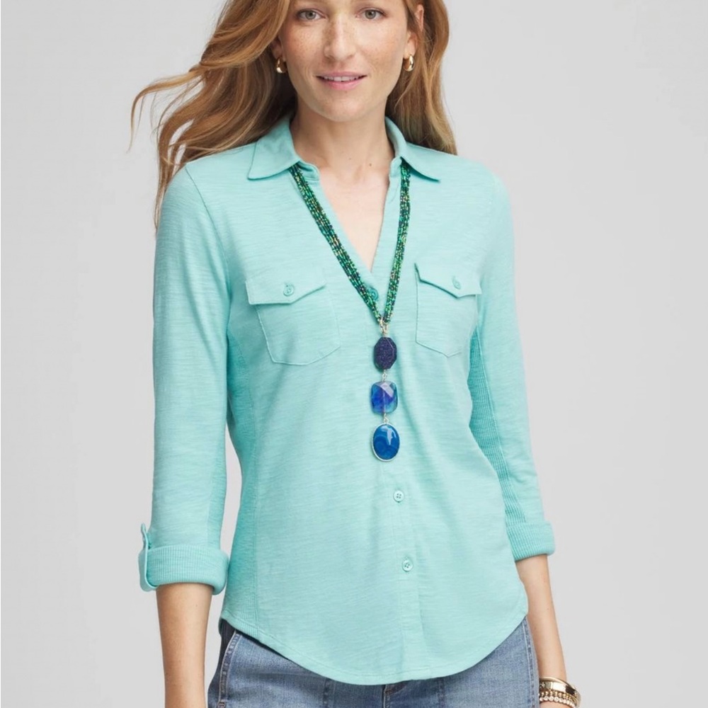 🌷NWT Chico’s Aqua Henley Top with Cuffed 3/4 Length Sleeves Sz 4 (18/XXL)